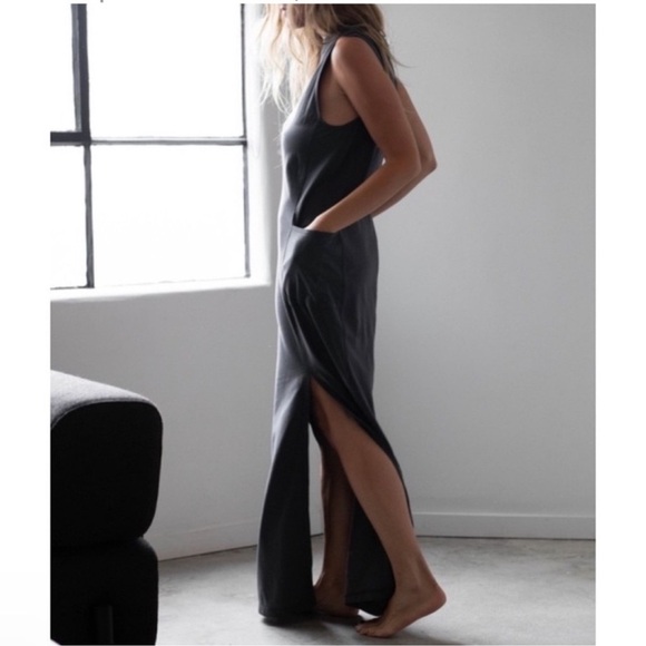 Lunya Cool Paneled Sleeveless Cotton Maxi Dress XS Charcoal Gray Slits - Picture 10 of 10